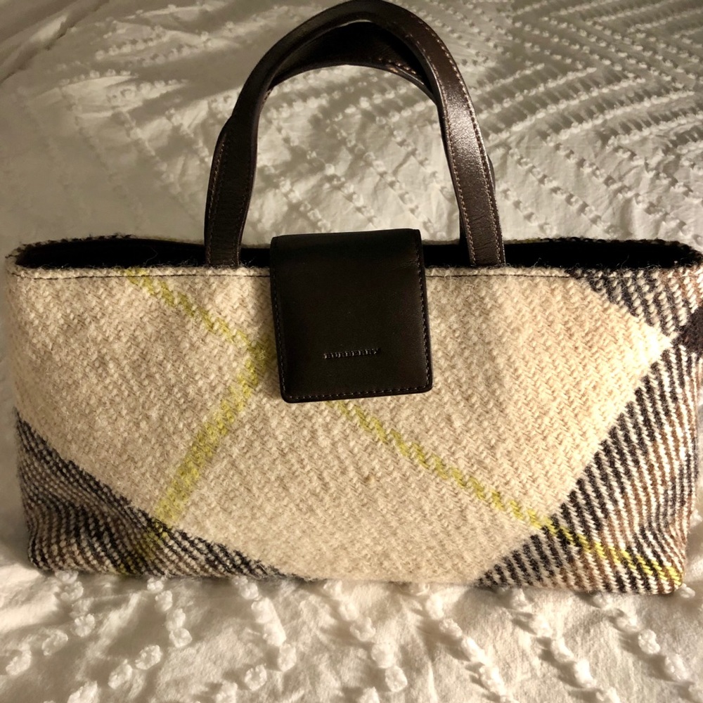 Burberry plaid tweed ivory and brown purse.